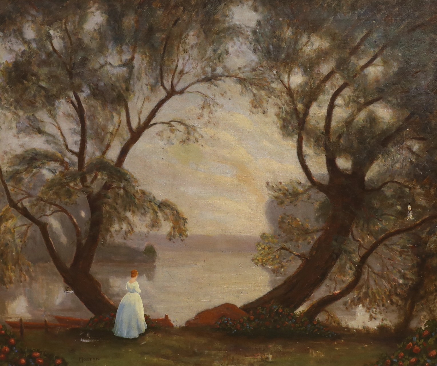 After Tom Mostyn, oil on canvas, Lady beside a lake, bears signature, 62 x 75cm